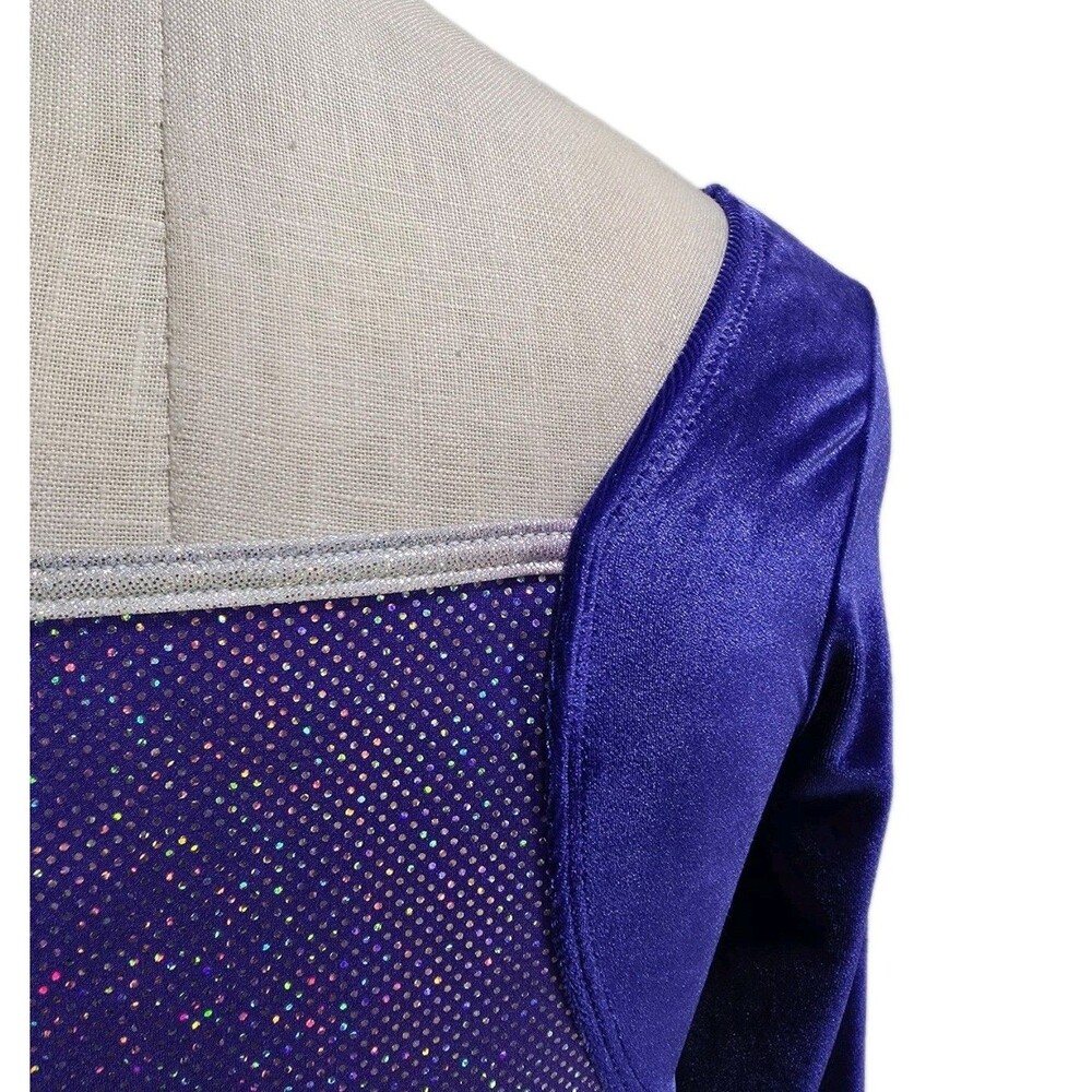 GK Elite VTG Royal Pixelated LS Velvet Sleeves Leotard Blue Violet AS Adult S - Picture 5 of 16